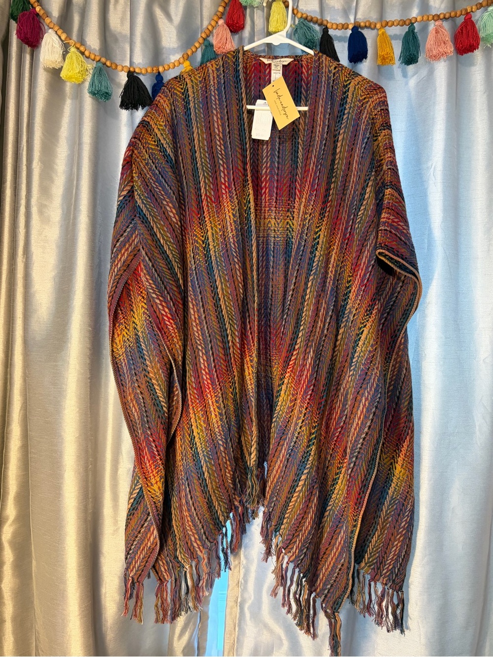 NWT Linda Anderson Multicolor Chevron Knit Fringe Poncho Shawl OS